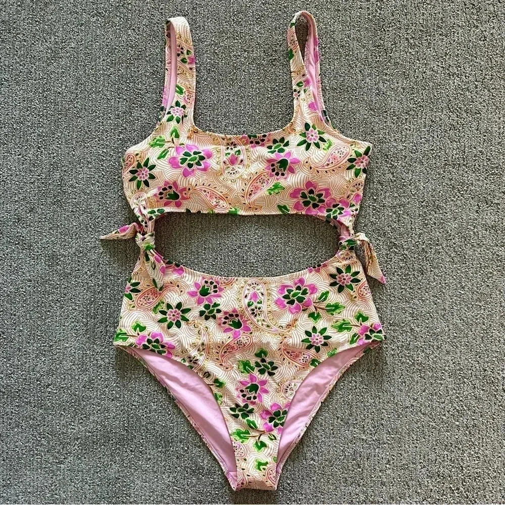 aerie Pink Floral Cutout One-Piece Swimsuit
